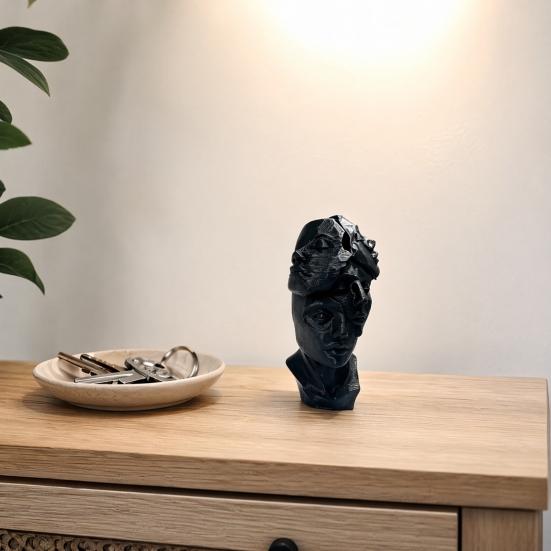 3D Printed Abstract Multi-Face Bust Sculpture, Art Decor with Black White Matte Finish, Compact Desktop Ornament for Entryway Home Office