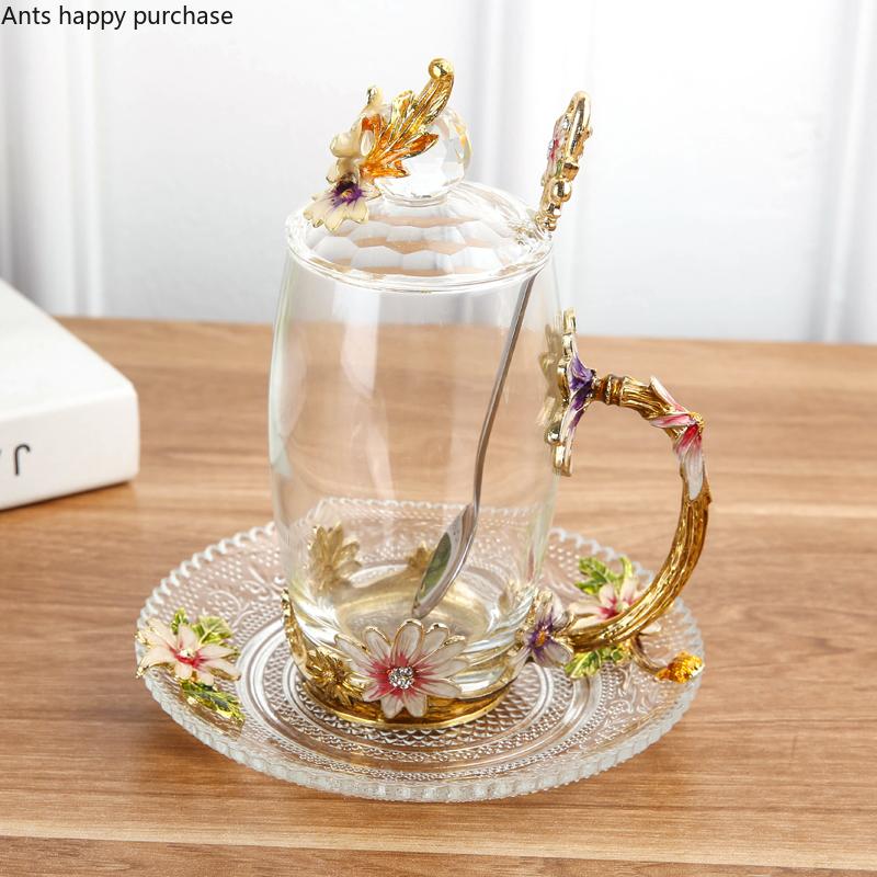 Emaliowany Kolorowy Kubek do Herbaty z Kwiatami Domowy Kubek do Wody Salonowy Kubek do Kawy Kryształowy Szklany Kubek do Herbaty z Pokrywką i Łyżeczką Naczynie do Napojów z Uchwytem