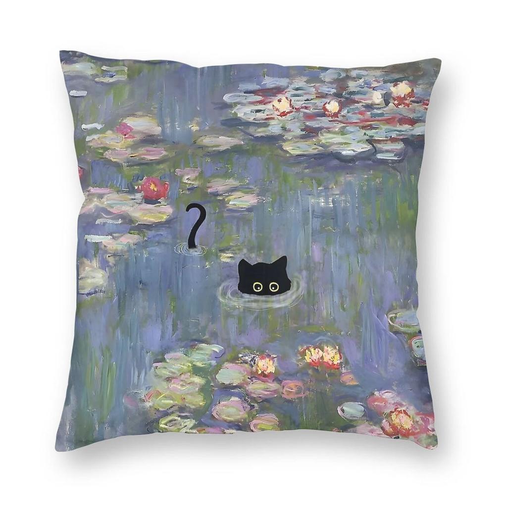 Cat Claude Monet Water Lilies Square Pillowcase Polyester Linen Velvet Creative Zip Decor Sofa Cushion Cover