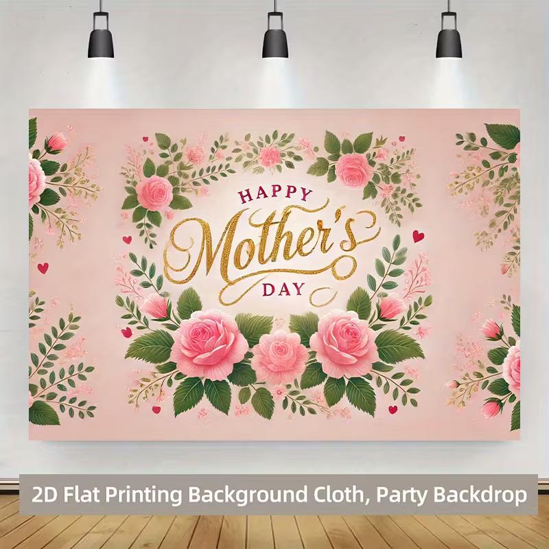Elegant Mother's Day Backdrop, Soft Pink Rose Garland with Gold Script Text, Sweet Spring Party Wall Decor