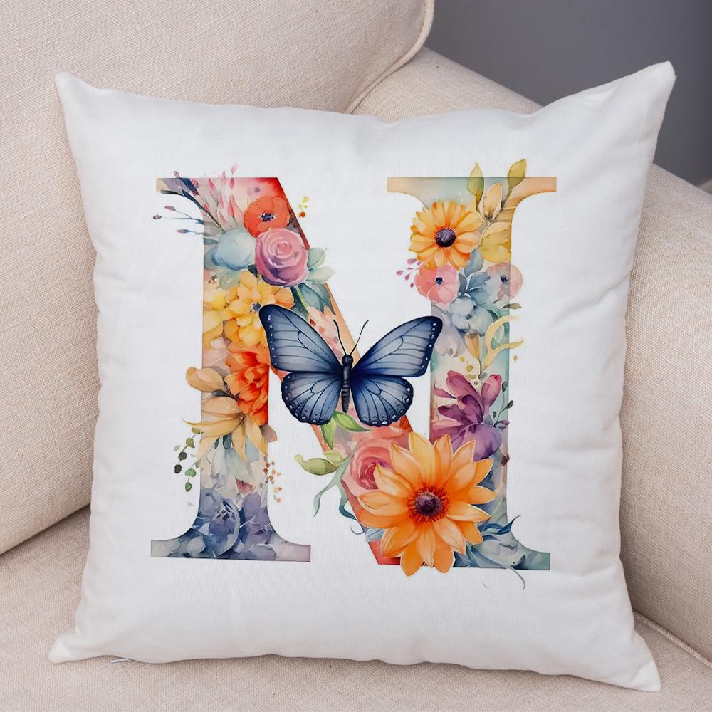 Floral Letter J Pillowcase Double Print Watercolor Letter U Cushion Cover Soft Plush Flower Letter D Pillowcase for Sofa Home