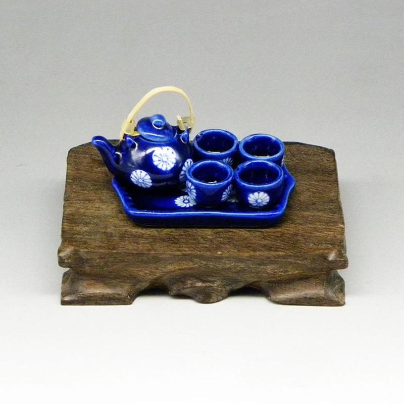 Miniature Teaware Set Model For Children And Collectors With Blue White Porcelain Teapot Cup Tray Doll House Furniture