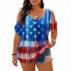 Women’s Short Sleeve Cold Shoulder Top with Star and Floral Print Loose Fit Casual Independence Day Style Blouse for Summer