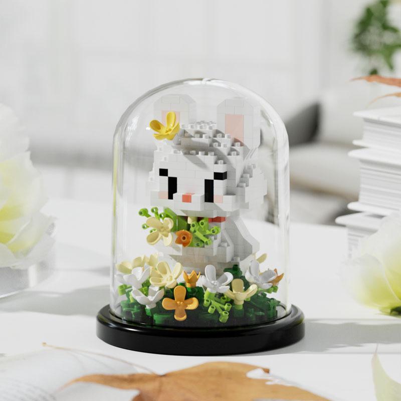 New building blocks cute pet garden series educational building blocks toys rose rabbit desktop ornaments with dust cover