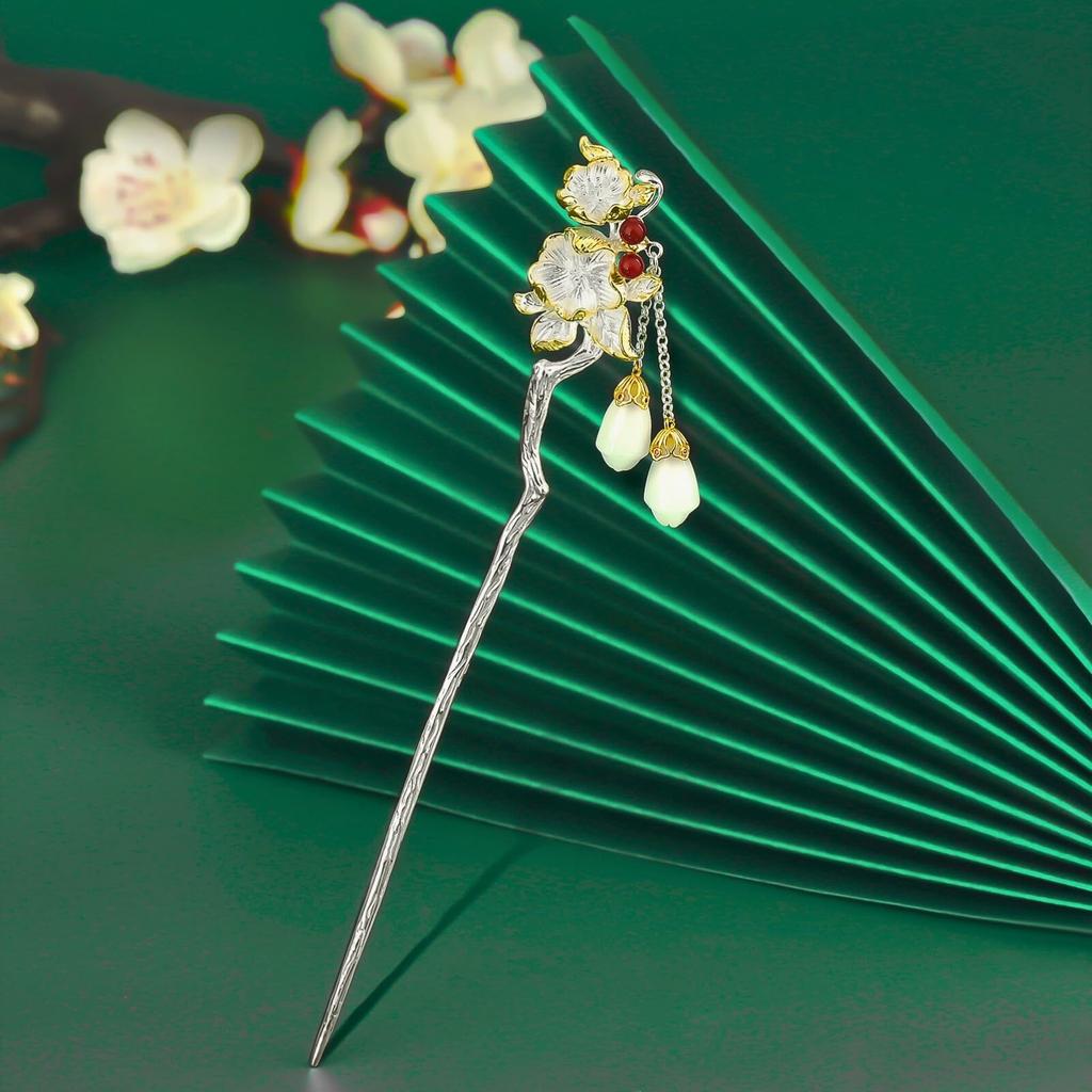 [Miaomyao] Kanzashi (hair ornament), single piece, for Japanese clothing, yukata, kimono, pearl, jade, golden branch and leaf design, silver hair