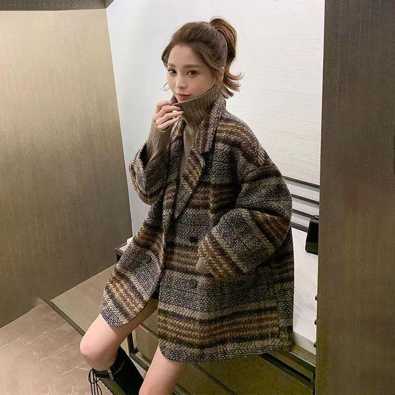 Checkered Coat for Women Autumn Winter Korean Edition Retro Western Style Reduced Age Small Fragrant Whisper Coat for Women