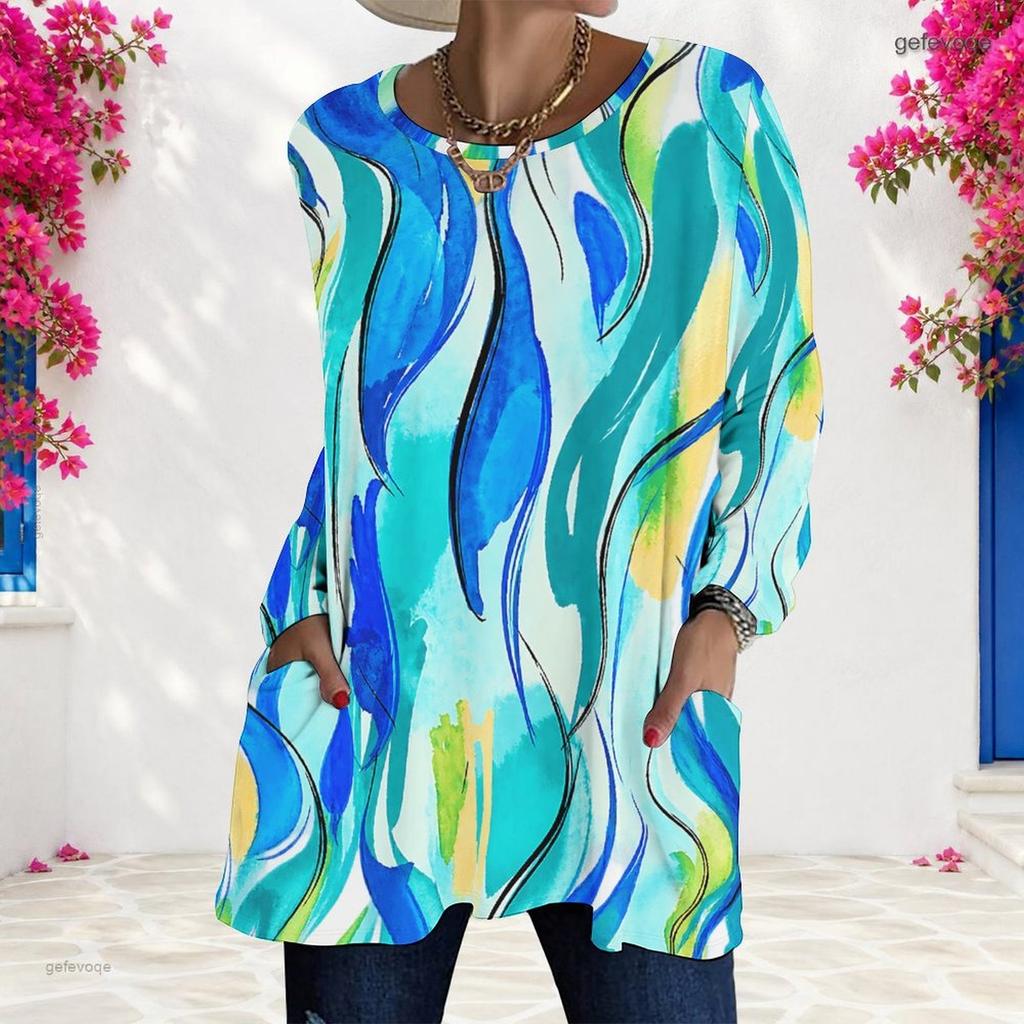 Women Plus Size Round Neck Printed Long Sleeve T Shirt Blue Brown Loose Fit Longline With Pockets