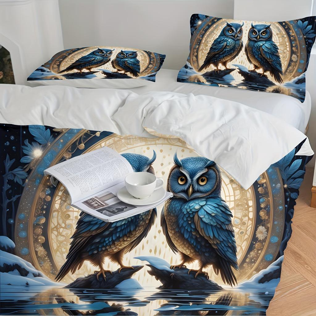 Duvet Cover Set (1*Duvet Cover + 2*Pillowcase) Owl Print Bedding Set Soft Comfortable And Breathable Duvet Cover For Bedroom