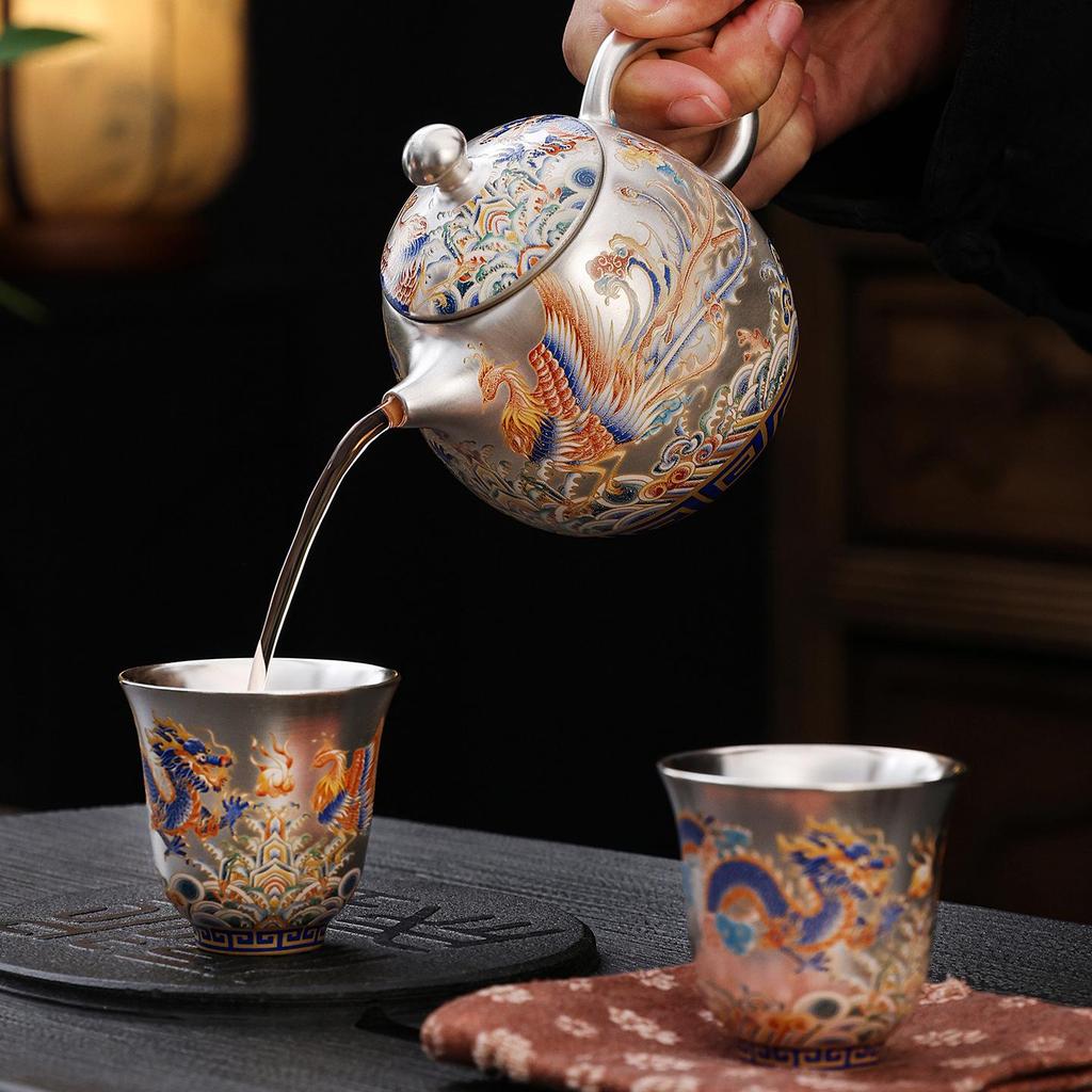 Luxury Dragon & Phoenix Silver-Plated Tea Set: One Pot, Two Cups, Dragon Egg Infuser, Gift Box Included