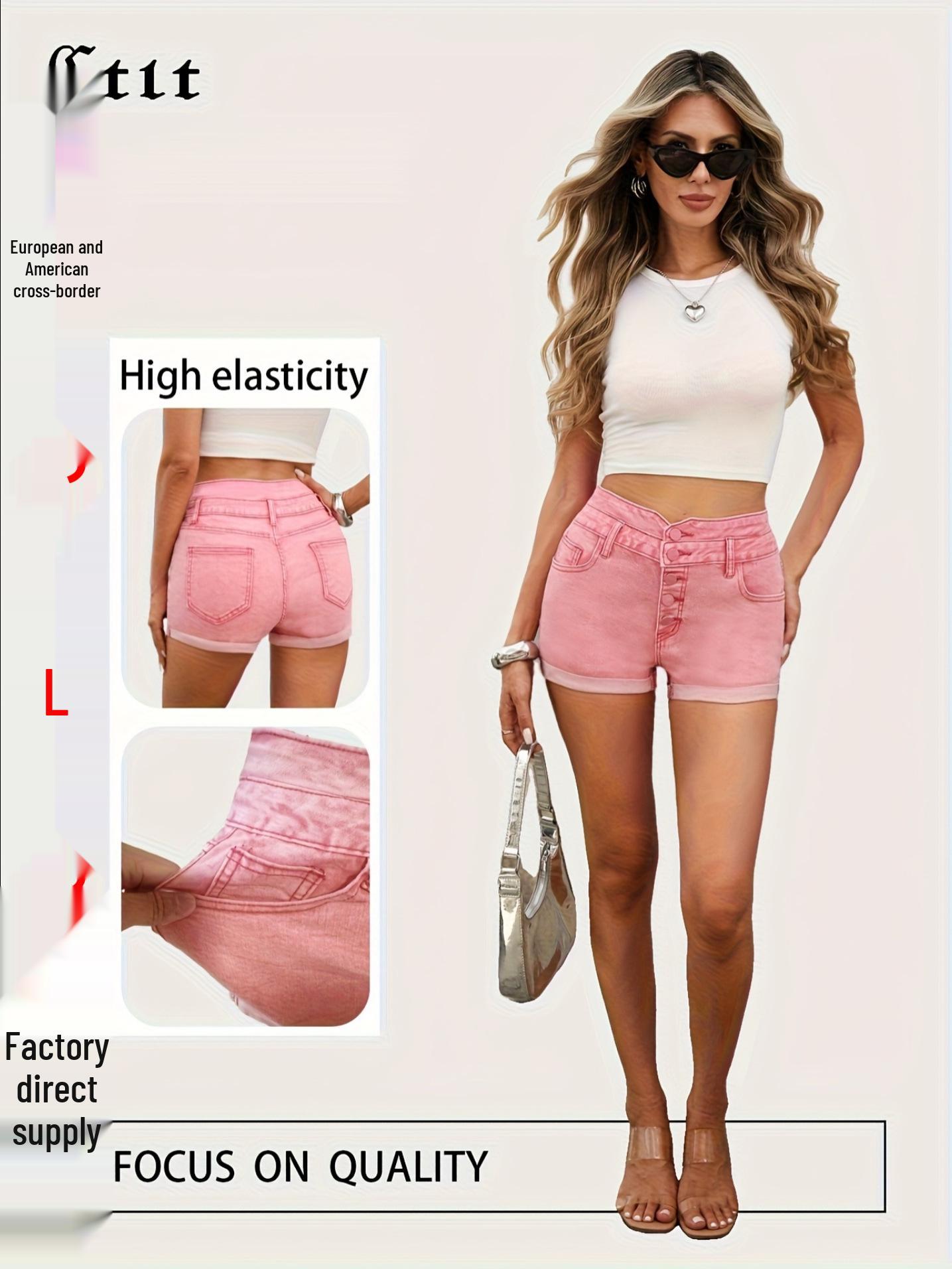 

High-Waisted Elastic Denim Shorts - European and American Style, Large Quantity Available XXL розовый
