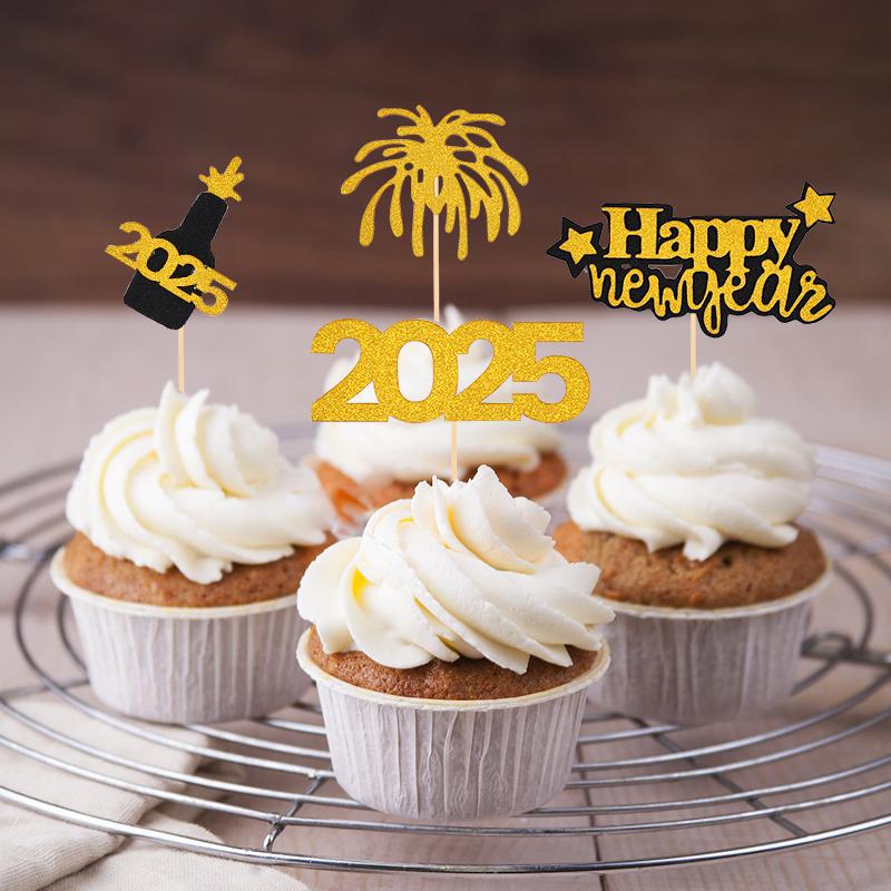 12 Stück Frohes Neues Jahr 2025 Cupcake Topper Glitzer Gold Feuerwerk Kuchen Deko Silvester Party Dekoration Zubehör Weihnachtsgeschenk