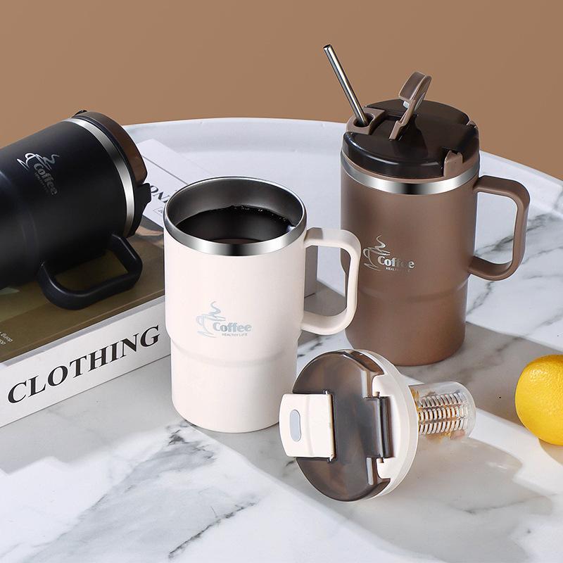 550Ml large stainless steel coffee cup with lid and spoon, reusable travel cup, no insulation, ideal for offices, students, sports, outdoor activities