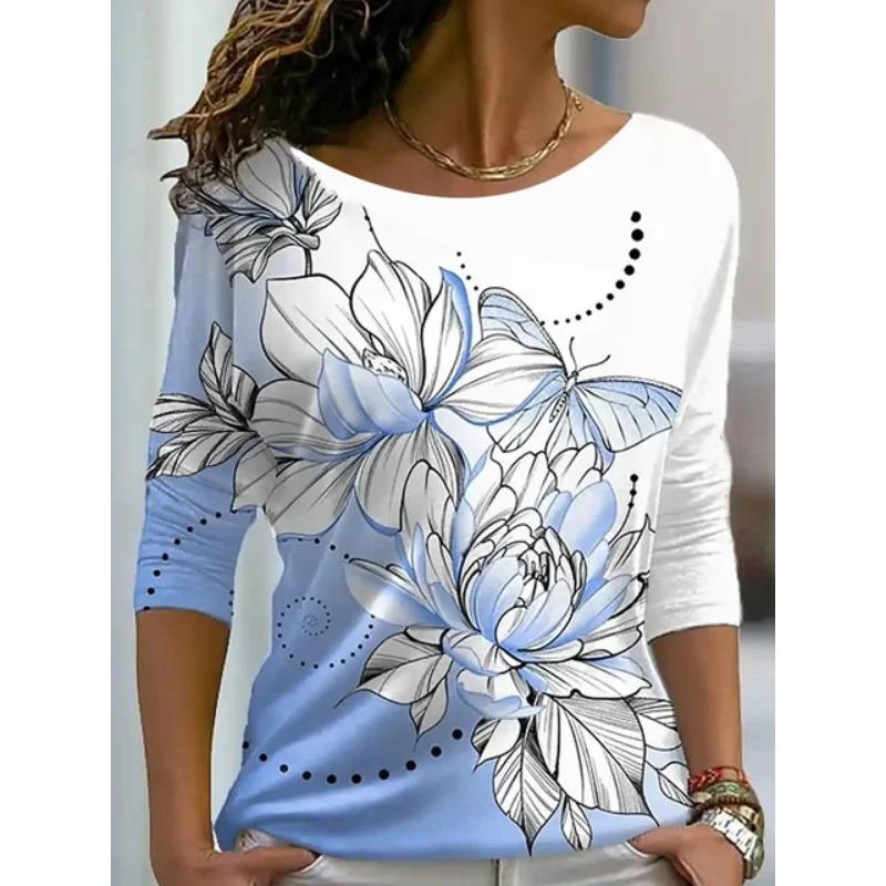 Autumn versatile long sleeved women's T-shirt with floral pattern printed regular retro casual O-Neck Bohemian multi-color top