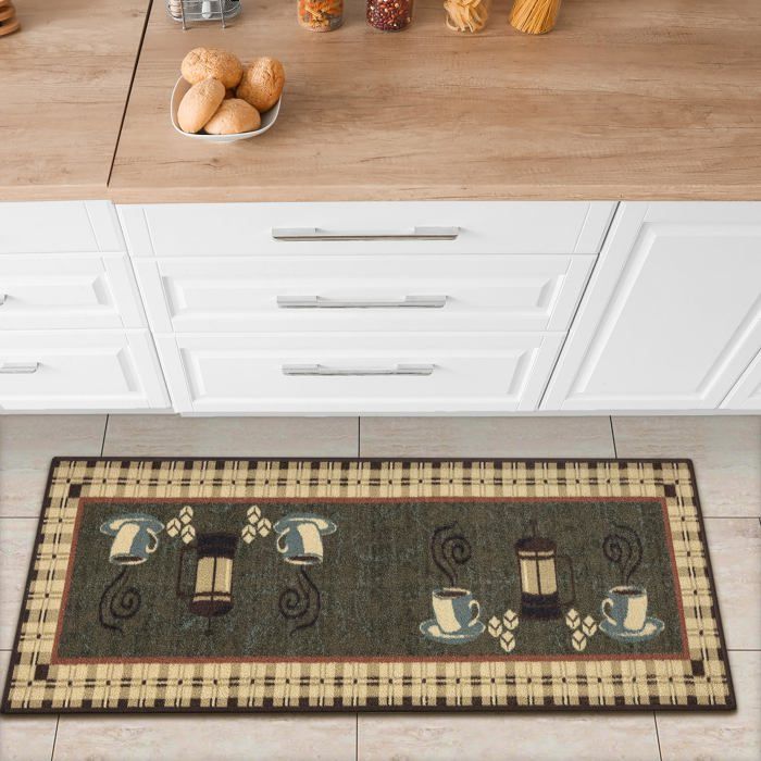 Tapis de couloir - Ottomanson - STK3075-20X59 - Vert olive - Motif café - 50x150 cm