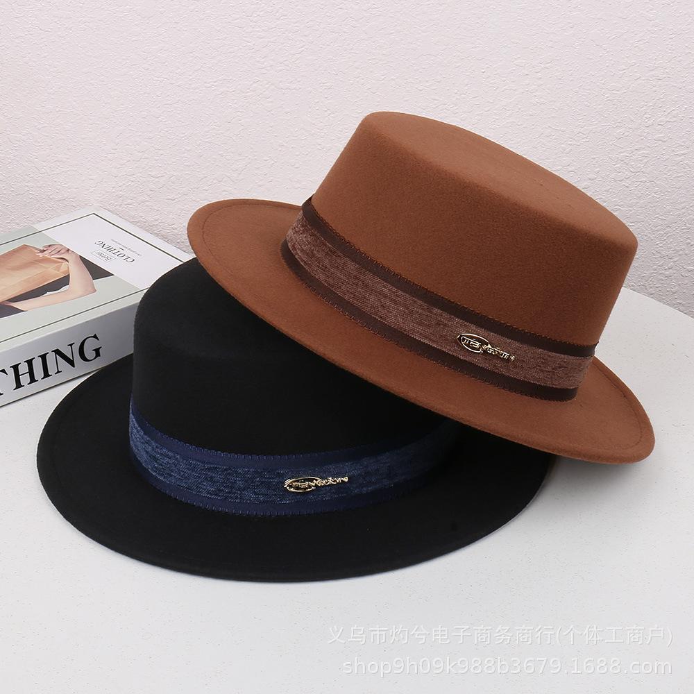 French fashion new autumn and winter versatile elegant retro flat top hat women's fashion woolen temperament personalized jazz hat