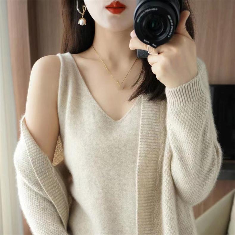 Women Autumn Winter Solid Causal V-Neck Top Vest Long Sleeve Knitwear Knit Sweater Cardigan 2 Pic
