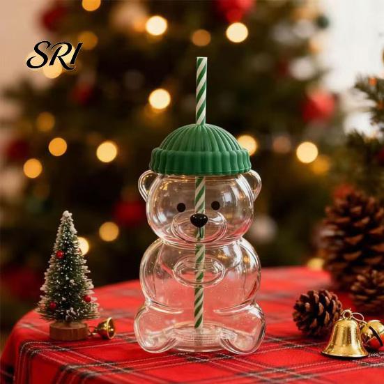 Eco Friendly Sippy Cup Bear Shape with Straw Lid 500ml Heat-Resistant Glass Tumbler Reusable Cold for Iced Coffee Milk Tea Juice
