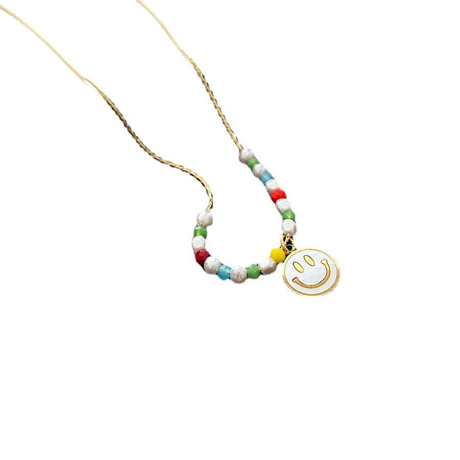 2022 Summer Colorful Beaded Smiley Silver Titanium Steel Non-Fading Choker Necklace