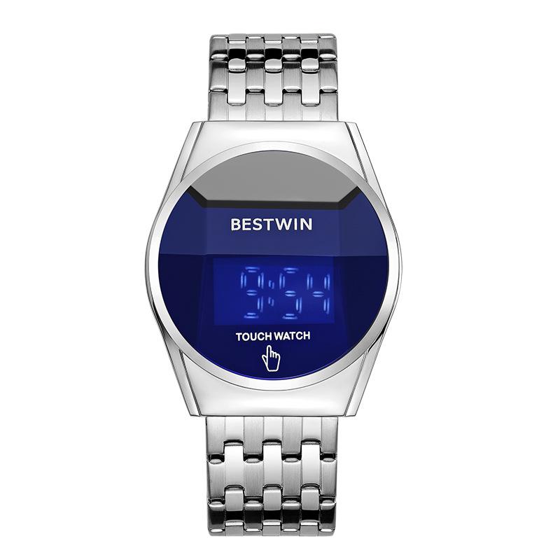 Fashion BestWin Top Brand Men's Led Touchscreen Analog Digital Hybrid Round Dial Casual Dress Full Stainless Steel Watches