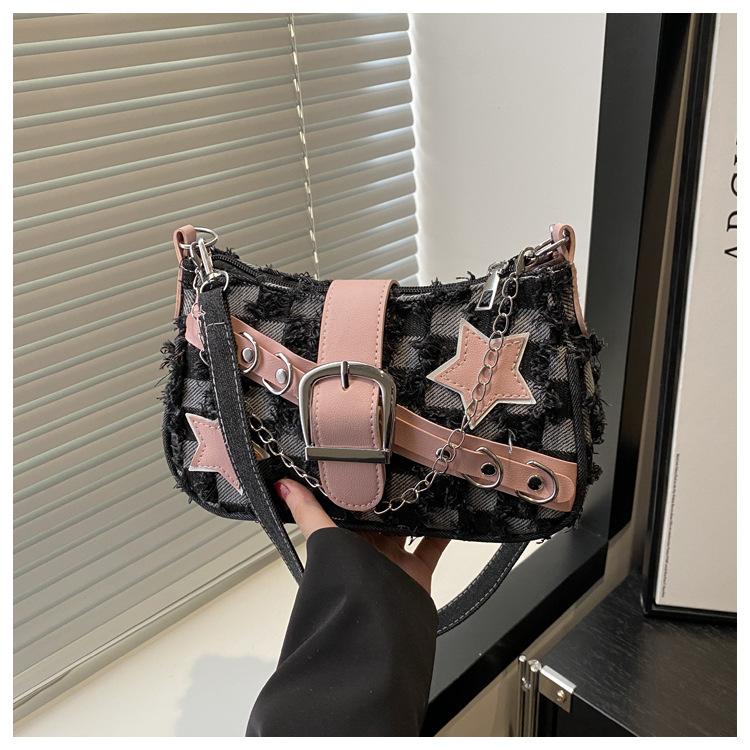 Fashion Cool Girls Denim Shoulder Crossbody Bags Vintage Chain Women's Underarm Bag Y2k Star Portable Female Hobos Handbags