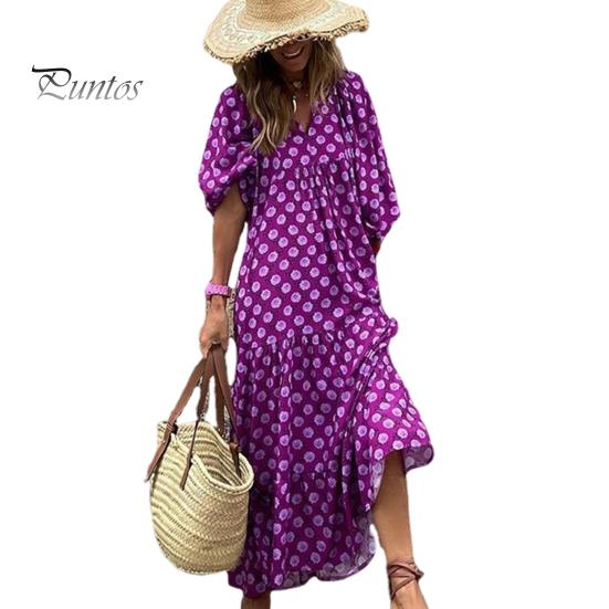 Robe d'été pour femmes, col en V, manches trois quarts à bulles, imprimé géométrique, ample, Patchwork, ligne a, grand ourlet, fluide, printemps, vacances, plage, robe mi-longue