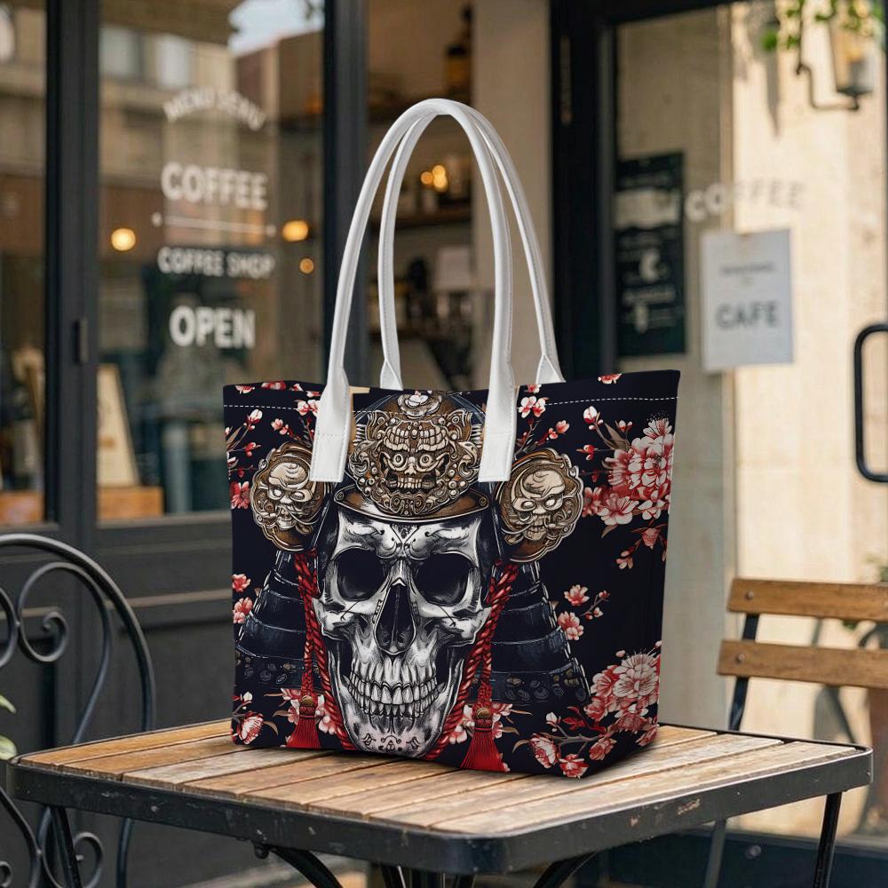 Japanese Samurai Skull Print Tote Bag Casual Large Capacity Shoulder Handbag for Daily Use