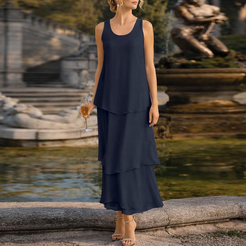 Sleeveless Layered Maxi Dress for Women Scoop Neck Loose Fit Tiered Chiffon Long Dress Elegant Flowy Summer Outfit