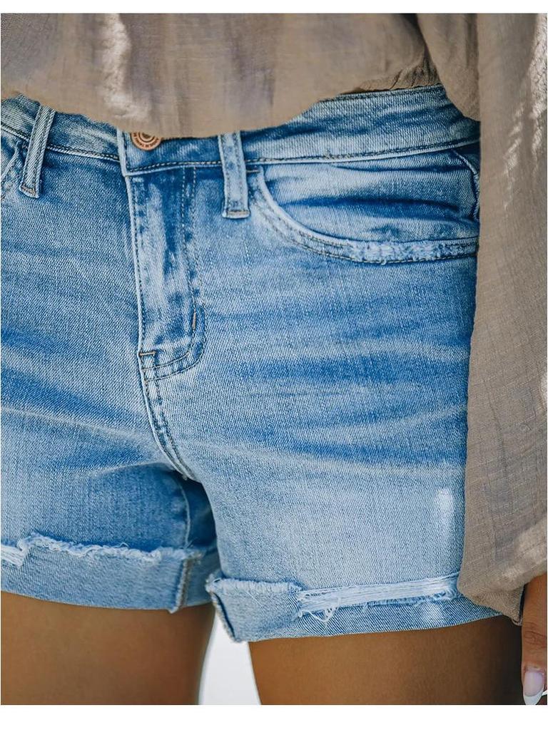 2023 Women's High Elastic Mid-Waist Ripped Denim Shorts
