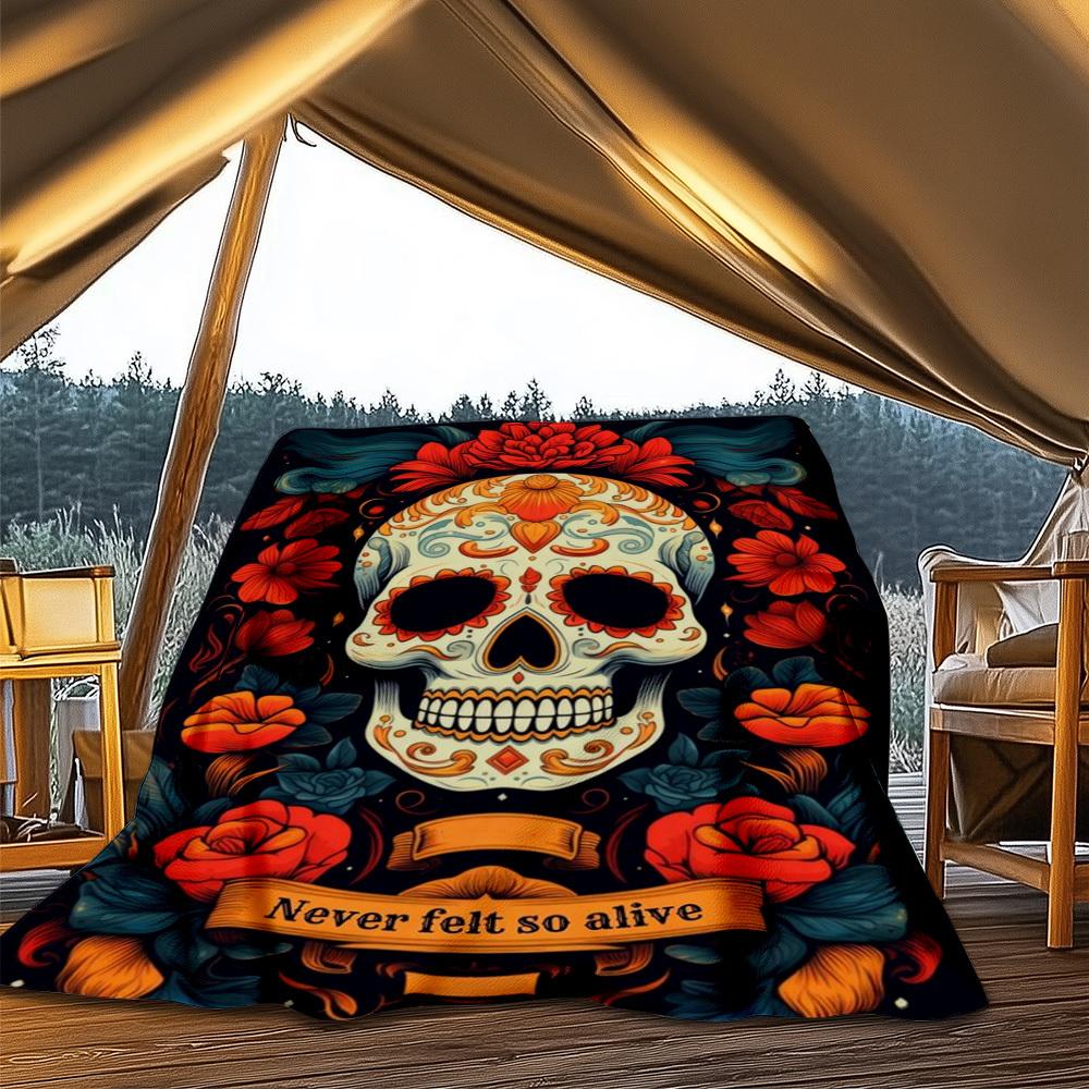 1pc Sugar Skull Decor Throw Blanket Polyester Fiber, Lightweight Flannel, Soft & Warm, All Season Use for Outdoor, Camping Digital Print