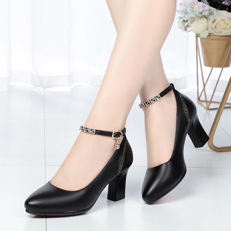 Women One-line Buckle Cute Pointed Toe Solid Spring Summer Office High Heel Shoes Casual Sweet Comfort Soft Leather Pumps