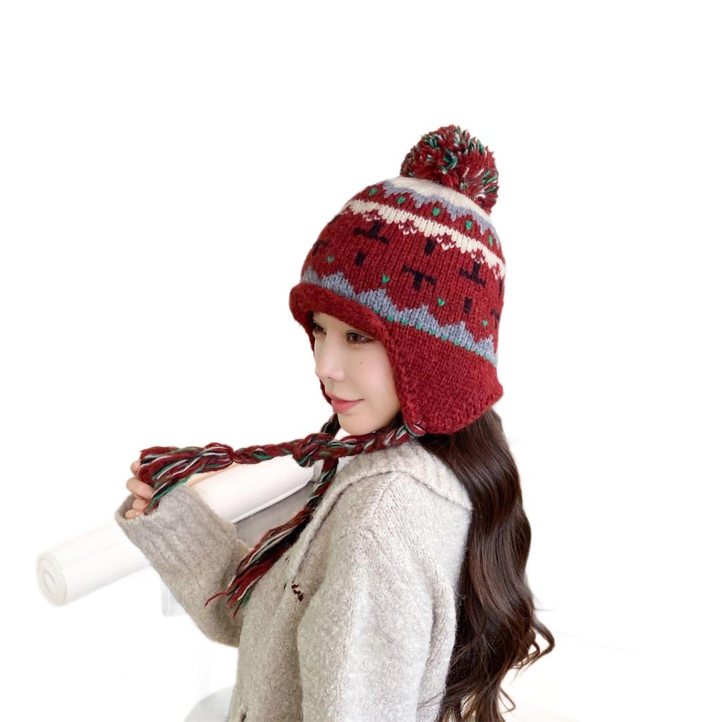 Ethnic Style Contrasting Color Pullover Wool Hat Women'S Winter Warm Ear Protection Knitted Hat Cold Bag Head Lei Feng Hat