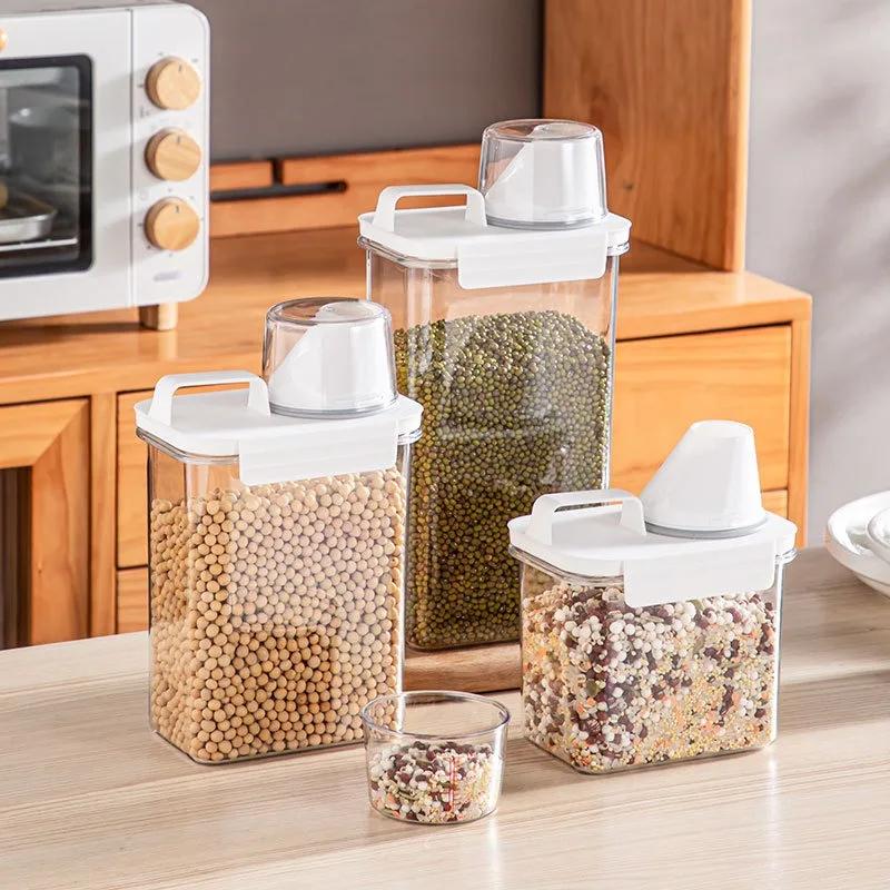 Sealed Cereal Insect-Proof Rice Bucket with Measuring Cup Transparent Rotary Food Moistureproof Tank Kitchen Storage Box