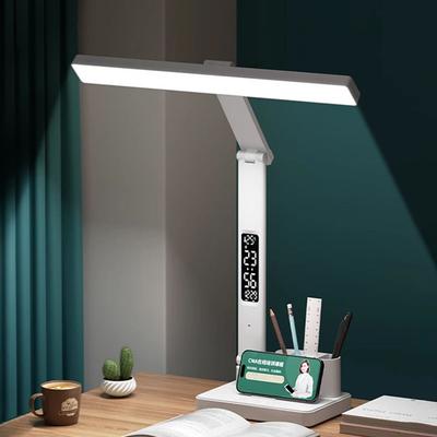 Lámpara de mesa con reloj LED, lámpara de escritorio regulable recargable por USB, 2 cabezales, rotación de 180, protección ocular plegable, luz nocturna de lectura