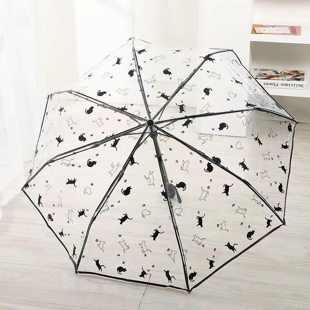 Японский стиль Ручной прозрачный зонт Трехскладной зонт-сакура Фотографический реквизит Кошка Зонт от дождя Дождливый Aluminum&8K