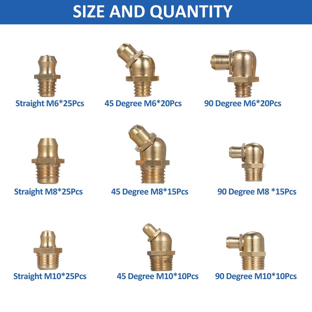 Straight and 90 Degree and 45 Degree Copper Zerk Grease Nipple Fittings Assortment Kit Metric M6 M8 M10   165Pcs