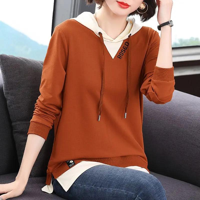 Female Fashion Casual Solid Color Spliced Hooded T-shirt Autumn Commute Simplicity Fake Two Pieces Tops Women's Clothing A794
