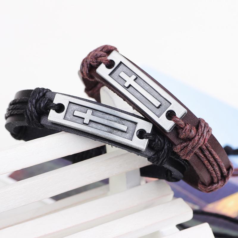 Europäischer und Amerikanischer Stil Metalllegierung Rindsleder Kreuzarmband - Echtes Leder Herrenschmuck