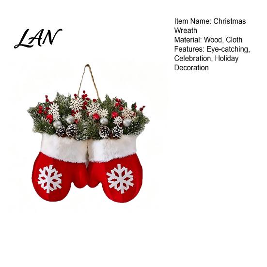 Holiday Front Door Decor Christmas Mitten/Stocking Wreath, Decorative Artificial Wreath with Berries Pine Cones, Cone Berry Branches, Hanging