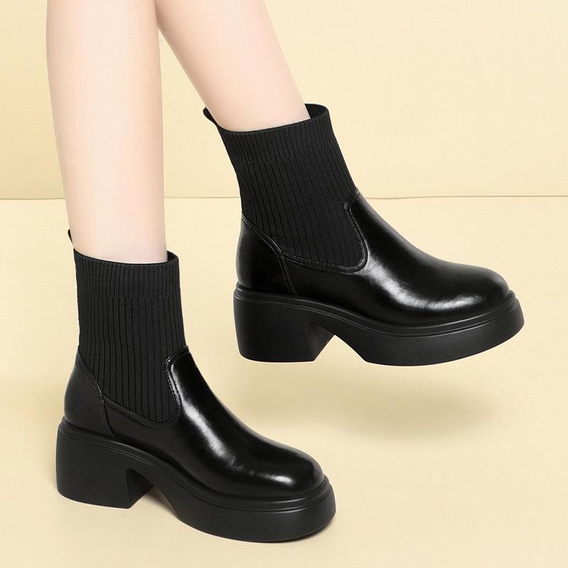 6cm Fashion Comfortable Soft Leather Boots Women's Platform Shoes Winter 2025 Flexible Elastic Sock Boots Warm Fur Ankle Botas