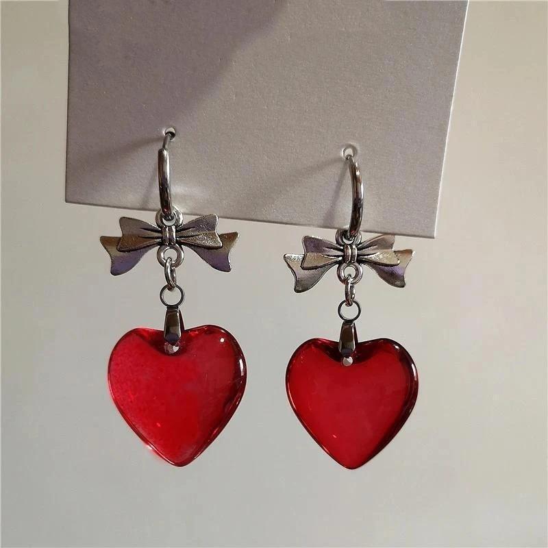 Biżuteria Vintage Kryształowe Kolczyki Koła z Sercem Urocze Koreańskie Charmsy Różowe Kolczyki z Kokardką Punkowe Akcesoria Modowe Gotyk