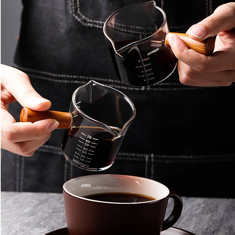 Wood Handle Glass Espresso Measuring Cup Double/Single Mouth Milk Jug Heat-resisting Coffee Shot Glass Scale Measure Mugs