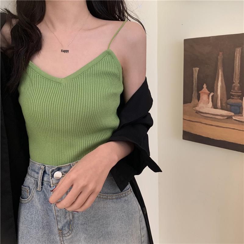 Korean Style Slim Fit Vertical Stripe Knit Vest - Women's Summer Solid Color Thin Strap Base Layer