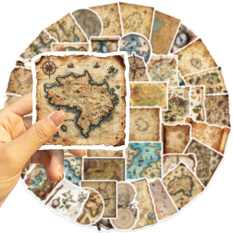 50 Pieces of Cartoon Retro World Map Travel Aesthetic Stickers for Decorating Notebooks, Mobile Phones and Water Bottles - Waterproof Stickers