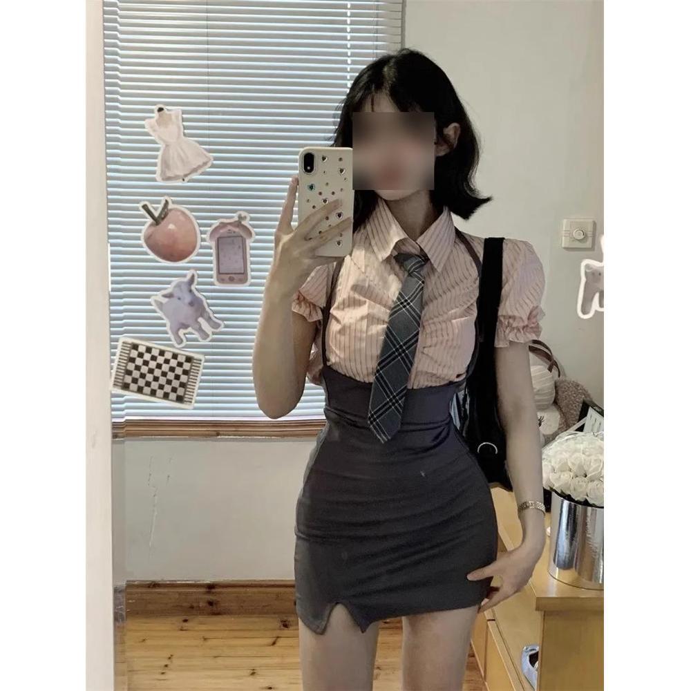 

Платье-подвеска из натуральной кожи корейского кроя для похудения талии - Женское розовое в полоску с коротким рукавом летнего стиля XL (Recommended for 110-120 jin) серый