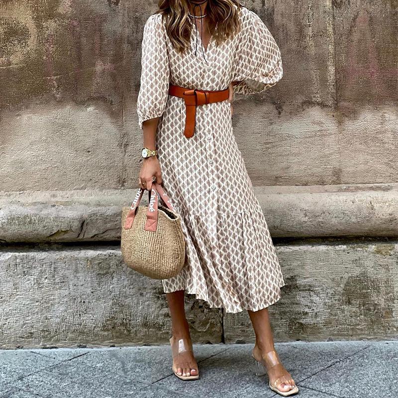 In Stock: 2025 Autumn/Winter V-neck Belted Print Long Dress