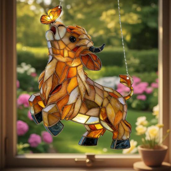 Hochlandkuh Schmetterling Sonnenschutz Dekoration Innen Außen Garten Hof Fenster Wandbehang 2D Acryl Buntglas Ornament