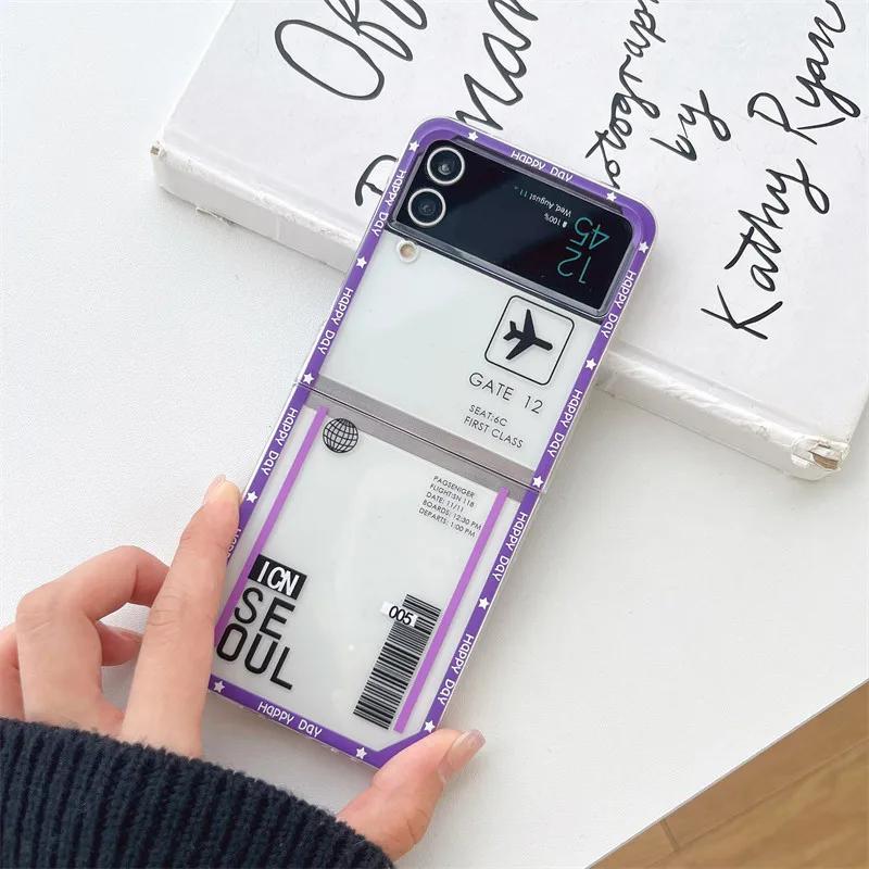 For Samsung Galaxy Z Flip 7 6 5 4 3 Z Flip6 Case Hot Ticket Travel Label New York Seoul Paris Transparent Hard Phone Cover Shell Z Flip 7