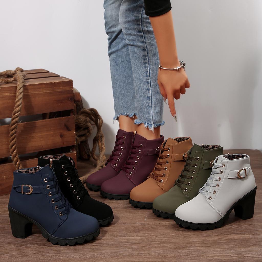 Fashion 2025 New Women Ankle Boots Autumn Winter New Large Size Comfortable Women Shoes Fashion Warm Thick Heel Lace Up High Heels Boots