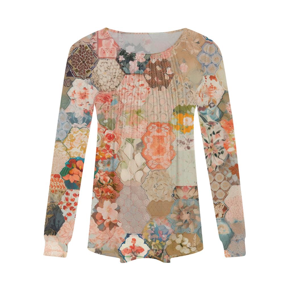 Women's Fashion Casual Pleated Round Neck Vintage Floral Print Long Sleeve T,Shirt Top