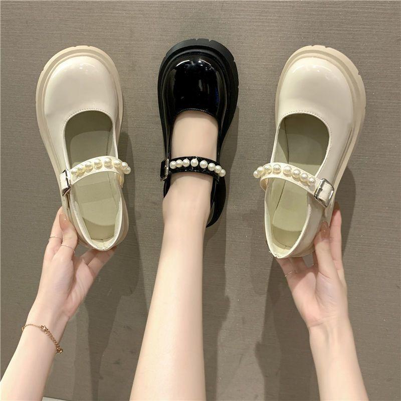 Retro Small Leather Shoes Women's Spring New Pearl Fairy One-word with Platform Mary Jane Single Shoes